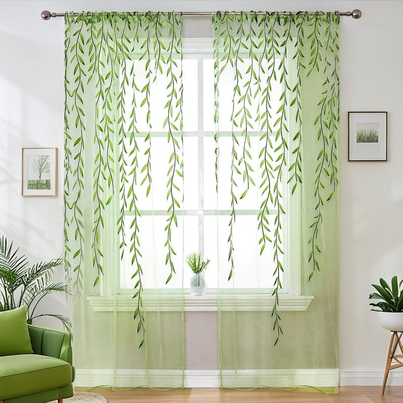BROSHAN Green Sheer Curtains 108 Inches Long for Living Room, Vine Leaf Patterned Curtains 2 Panels Green Bedroom Curtain Sheers Voile Transparent Window Treatment Drapes for Closet Doorway Nursery Kids - Image 2